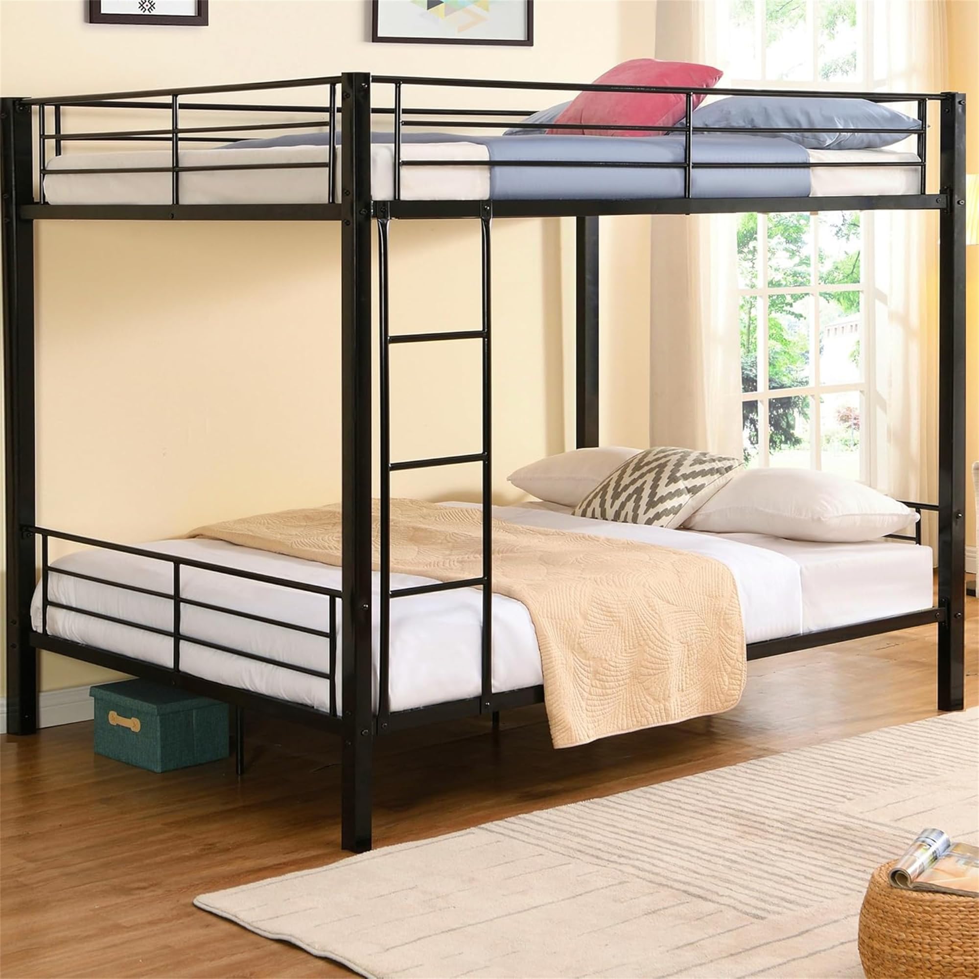 Movdevy New Upgrade Queen Over Queen Bunk Bed, Heavy Duty Bunk Beds Queen Over Queen Size with Ladder & Guardrail for Kids Adults Teens Boys, Weight Capacity 600 lbs, Black (QUEEN OVER QUEEN BUNK BED)