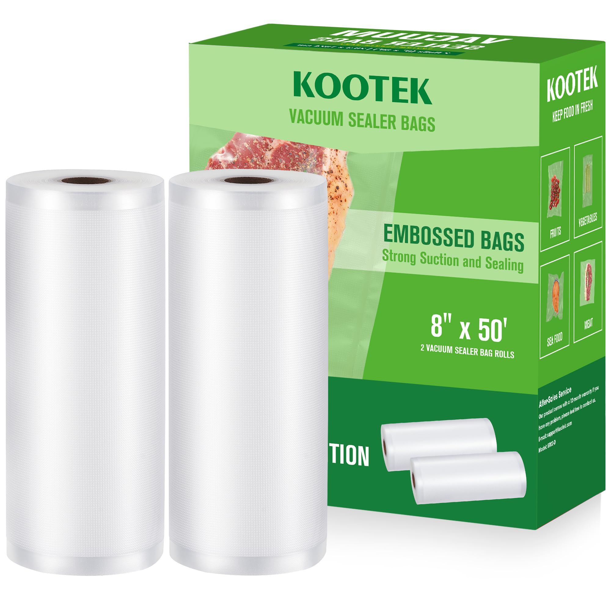 Kootek Vacuum Sealer Bags for Food, 8 in x 50 ft 2 Rolls Vacuum Seal Bag Rolls, Commercial Grade, BPA Free, Vac Freezer Bags for Food Storage, Meal Prep or Sous Vide