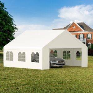 Carport, 20 x 20 Heavy Duty Carport Canopy with Removable Sidewall, Portable Garage with All-Season Tarp, Outdoor Storage Shelter Water-Resistant Car Canopy for Party Event Wedding Gathering (20x20ft)