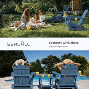 SERWALL 5-Piece Adirondack Chair and Ottoman and Table Set, HDPE Weather Resistant Adjustable Backrest Adirondack Chair with Ottoman and Side Table, Navy