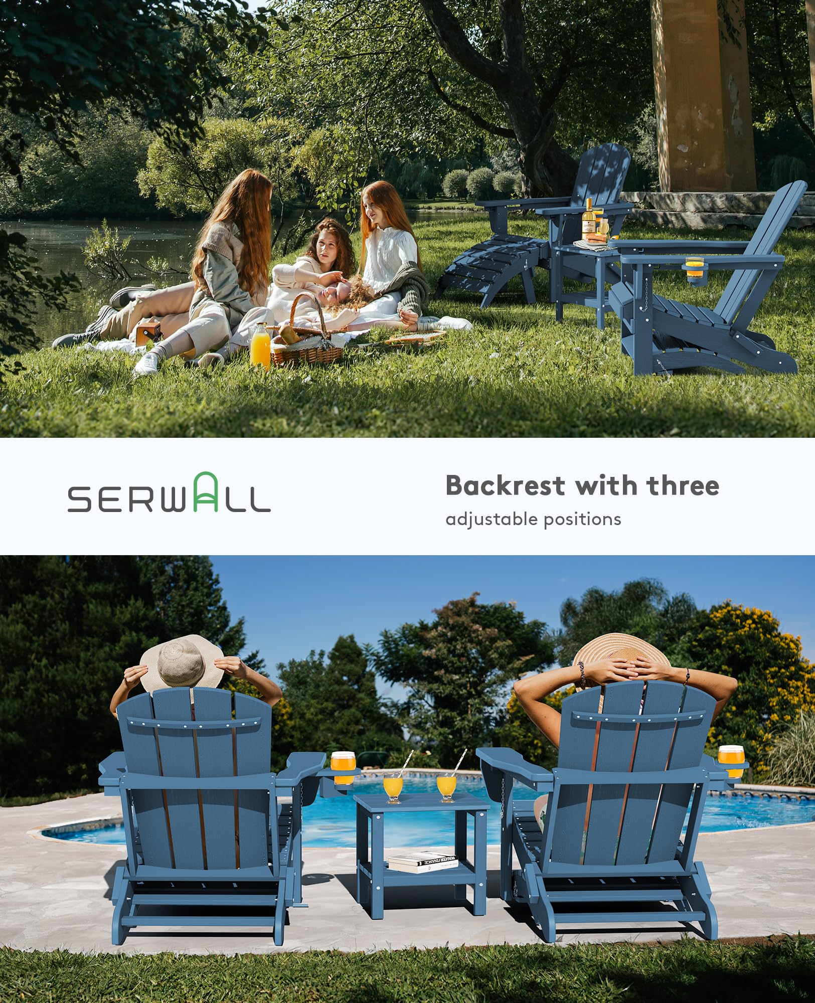 SERWALL 5-Piece Adirondack Chair and Ottoman and Table Set, HDPE Weather Resistant Adjustable Backrest Adirondack Chair with Ottoman and Side Table, Navy