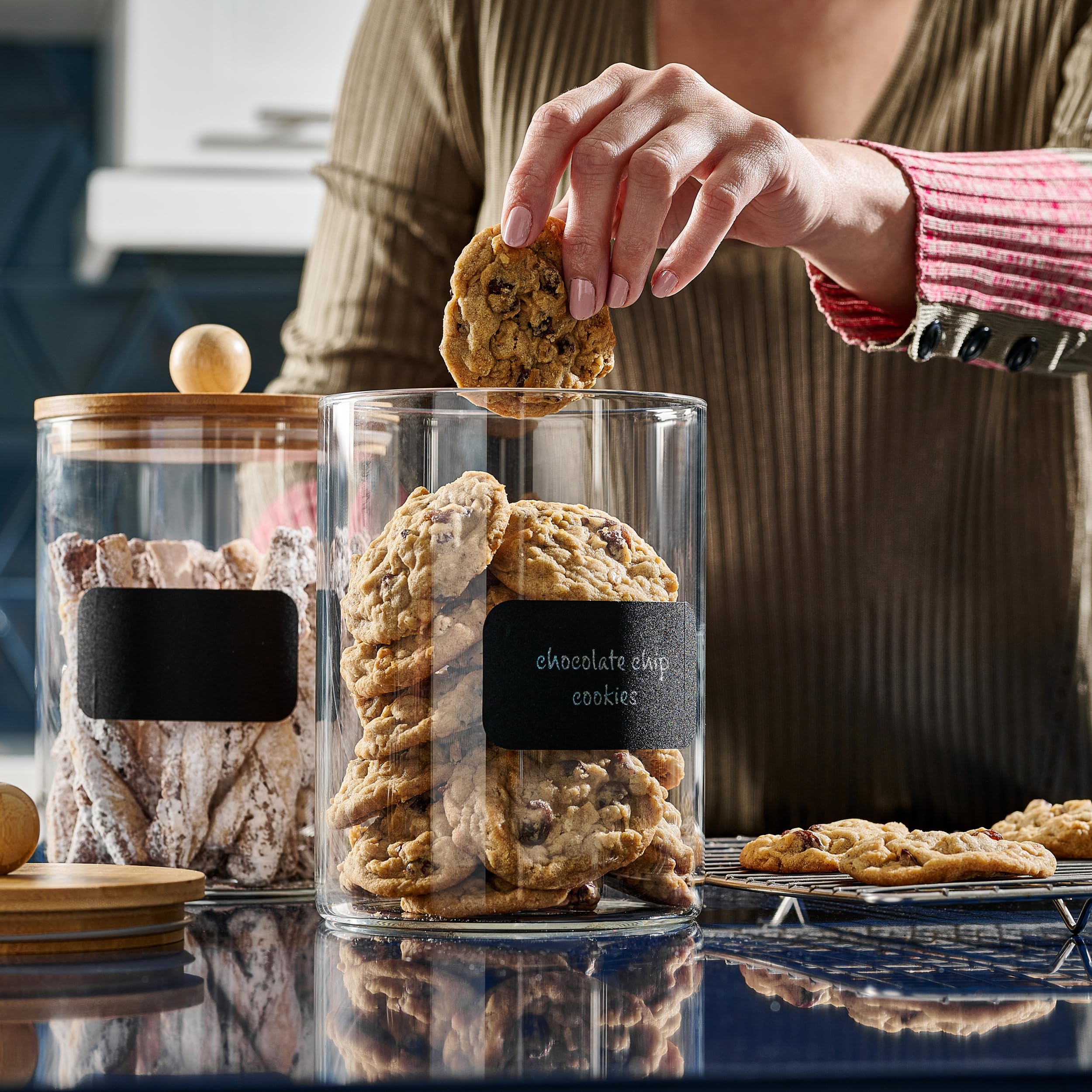 Set of 2 Large Glass Canisters for Kitchen Counter with Airtight Bamboo Lids + Marker & Labels - Cookie Jars with Wooden Lid, Food Storage Containers for Pantry, Flour Pasta Candy Coffee Pods - 68oz.