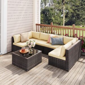 Qsun 7-Piece Patio Furniture Set, Outdoor Sectional PE Wicker Rattan Patio Set. Outdoor Furniture a Glass Coffee Table for Porch Poolside Balcony (Brown Rattan, Beige Cushion)