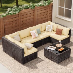 Qsun 7-Piece Patio Furniture Set, Outdoor Sectional PE Wicker Rattan Patio Set. Outdoor Furniture a Glass Coffee Table for Porch Poolside Balcony (Brown Rattan, Beige Cushion)