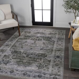 JONATHAN Y WSH100B-8 Alanya Ornate Medallion Machine-Washable Dark Green/Gray 8 ft. x 10 ft. Area Rug, Bohemian, Transitional, Traditional for Home, Bedroom, Living Room, Kitchen, Entryway/Hallway