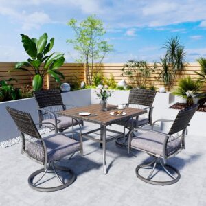 Pamapic 5 Piece Patio Dining Set for 4,Outdoor Wicker Furniture Set for Backyard Garden Deck Poolside with 4 Cushions Swivel Rocker Chairs,Square Plastic-Wood Table Top, Removable Cushions(Gray)