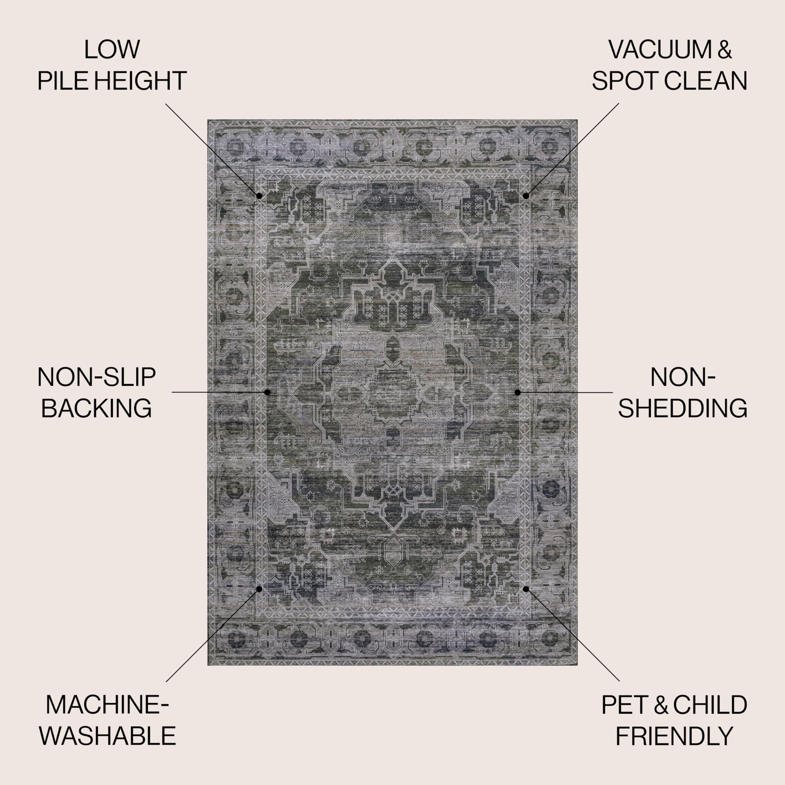 JONATHAN Y WSH100B-8 Alanya Ornate Medallion Machine-Washable Dark Green/Gray 8 ft. x 10 ft. Area Rug, Bohemian, Transitional, Traditional for Home, Bedroom, Living Room, Kitchen, Entryway/Hallway