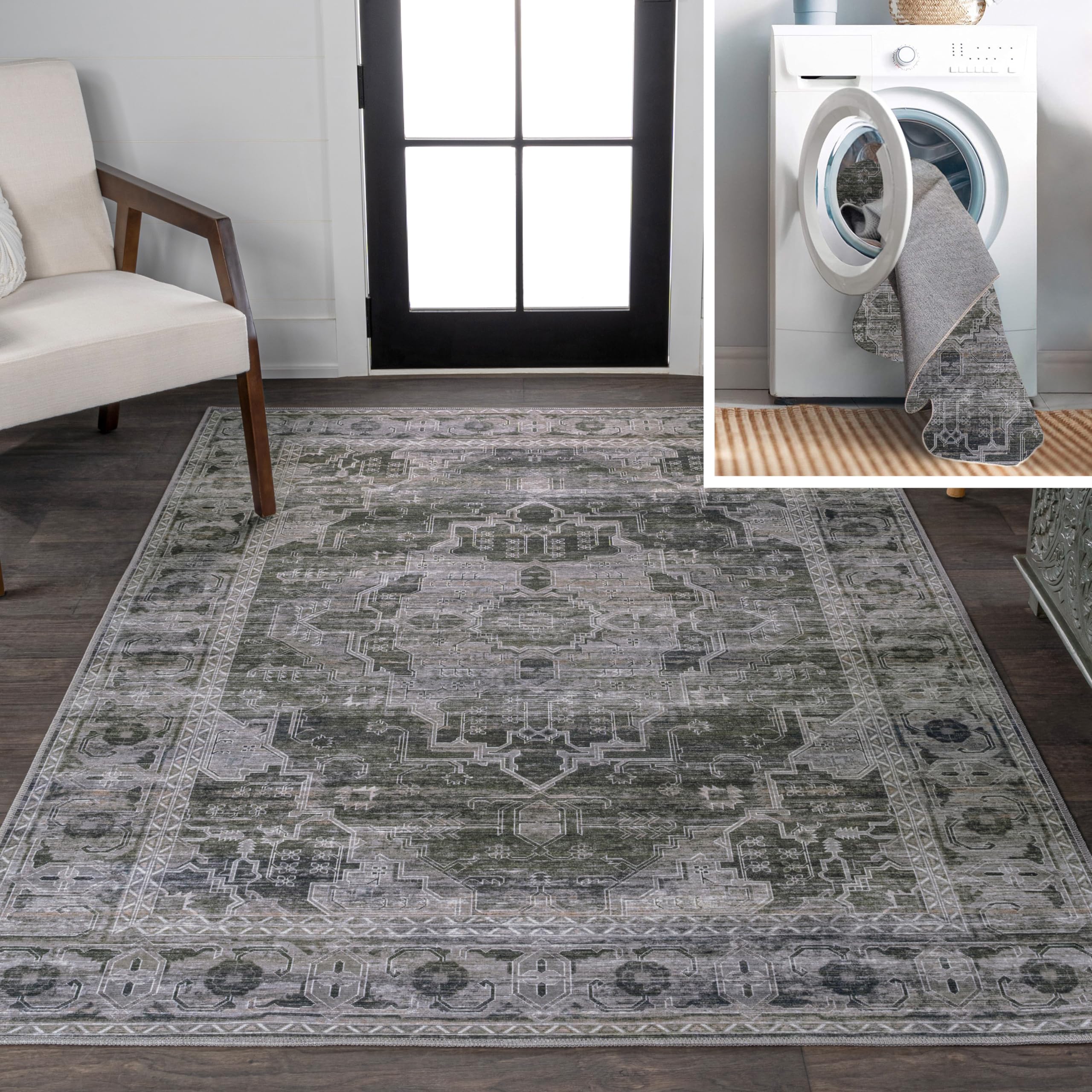 JONATHAN Y WSH100B-8 Alanya Ornate Medallion Machine-Washable Dark Green/Gray 8 ft. x 10 ft. Area Rug, Bohemian, Transitional, Traditional for Home, Bedroom, Living Room, Kitchen, Entryway/Hallway