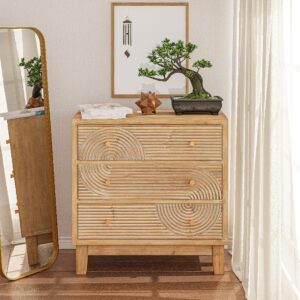 COZAYH 3-Drawer Farmhouse Dresser with Handicraft Wood Ring Motif, Set of 2 Fully Assembled Nightstand Wooden Finish for Boho, Mid-Century, Natural Wood, Rustic