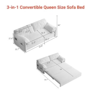 3-in-1 Convertible Pull Out Queen Size Sofa Bed with Comfy Armpillow and Side Pockets , 63.8" Functional Futon Loveseat Couch Lounge Chaise with Adjustable Backrest for Living Room,Apartment,Office