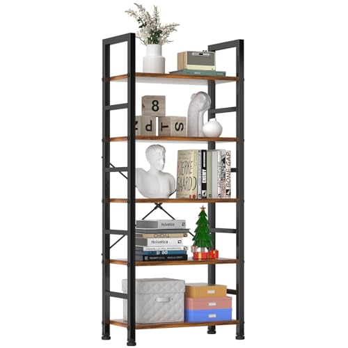 Sweetcrispy Book Shelf, 5 Tier Bookcase, Tall Bookshelf Modern Book Case for Books, Garage Kit, CDs, Movies, Industrial Corner Storage Organizer for Bedroom Home Office Kitchen Living Room Rust Brown