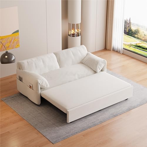 3-in-1 Convertible Pull Out Queen Size Sofa Bed with Comfy Armpillow and Side Pockets , 63.8" Functional Futon Loveseat Couch Lounge Chaise with Adjustable Backrest for Living Room,Apartment,Office