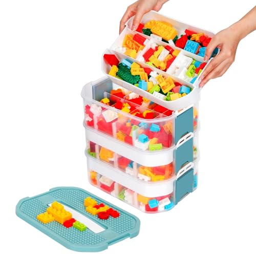 Storage Organizer for Lego Plastic Kids Toy Container Box Stackable Building Block Playroom Organization Bin with Bricks Baseplate Lid 3 Layers Adjustable Compartments Portable Chest Case