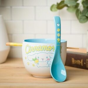 Silver Buffalo Sanrio Hello Kitty and Friends Cinnamoroll Lemons Ceramic Ramen Noodle Rice Bowl with Chopsticks, Microwave Safe, 20 Ounces