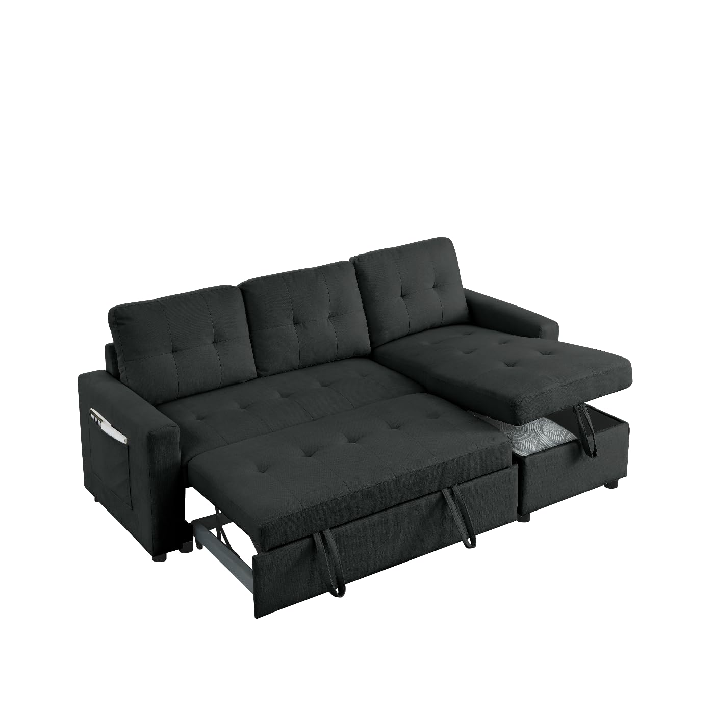 Pull Out Sleeper Sofa Convertible L-Shape Sofa Bed Reversible Sectional Couch with Storage Chaise and Side Storage Bag, Living Room Sofa Set for Living Room (Black)