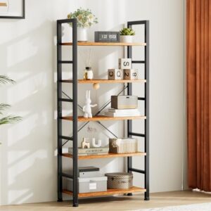 Sweetcrispy Book Shelf, 5 Tier Bookcase, Tall Bookshelf Modern Book Case for Books, Garage Kit, CDs, Movies, Industrial Corner Storage Organizer for Bedroom Home Office Kitchen Living Room Rust Brown