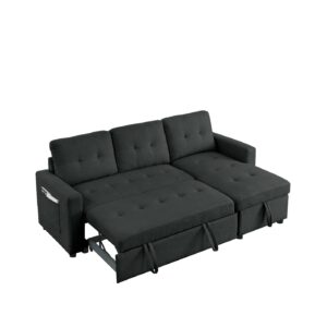 Pull Out Sleeper Sofa Convertible L-Shape Sofa Bed Reversible Sectional Couch with Storage Chaise and Side Storage Bag, Living Room Sofa Set for Living Room (Black)