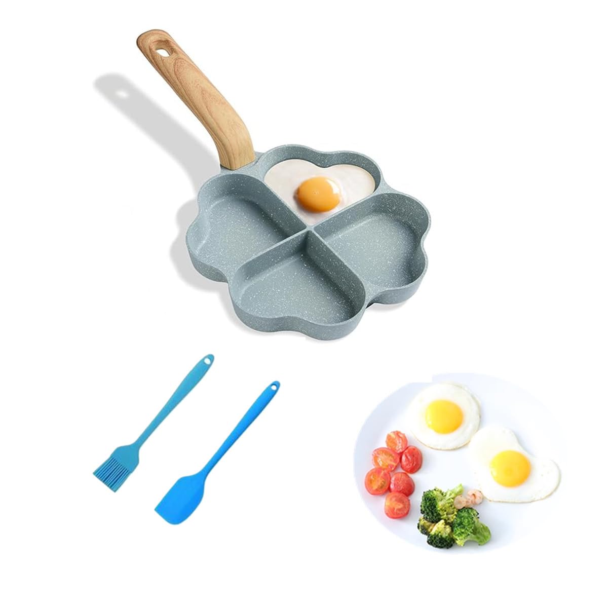 AISIBO Egg Frying Pan, Nonstick Egg Frying Pan with Brush Scraper, Four-Cup Fried Egg Pan Multi Egg Frying Pan for Burger, Omelet, Outdoor Camping (Blue)