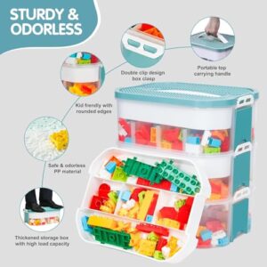 Storage Organizer for Lego Plastic Kids Toy Container Box Stackable Building Block Playroom Organization Bin with Bricks Baseplate Lid 3 Layers Adjustable Compartments Portable Chest Case