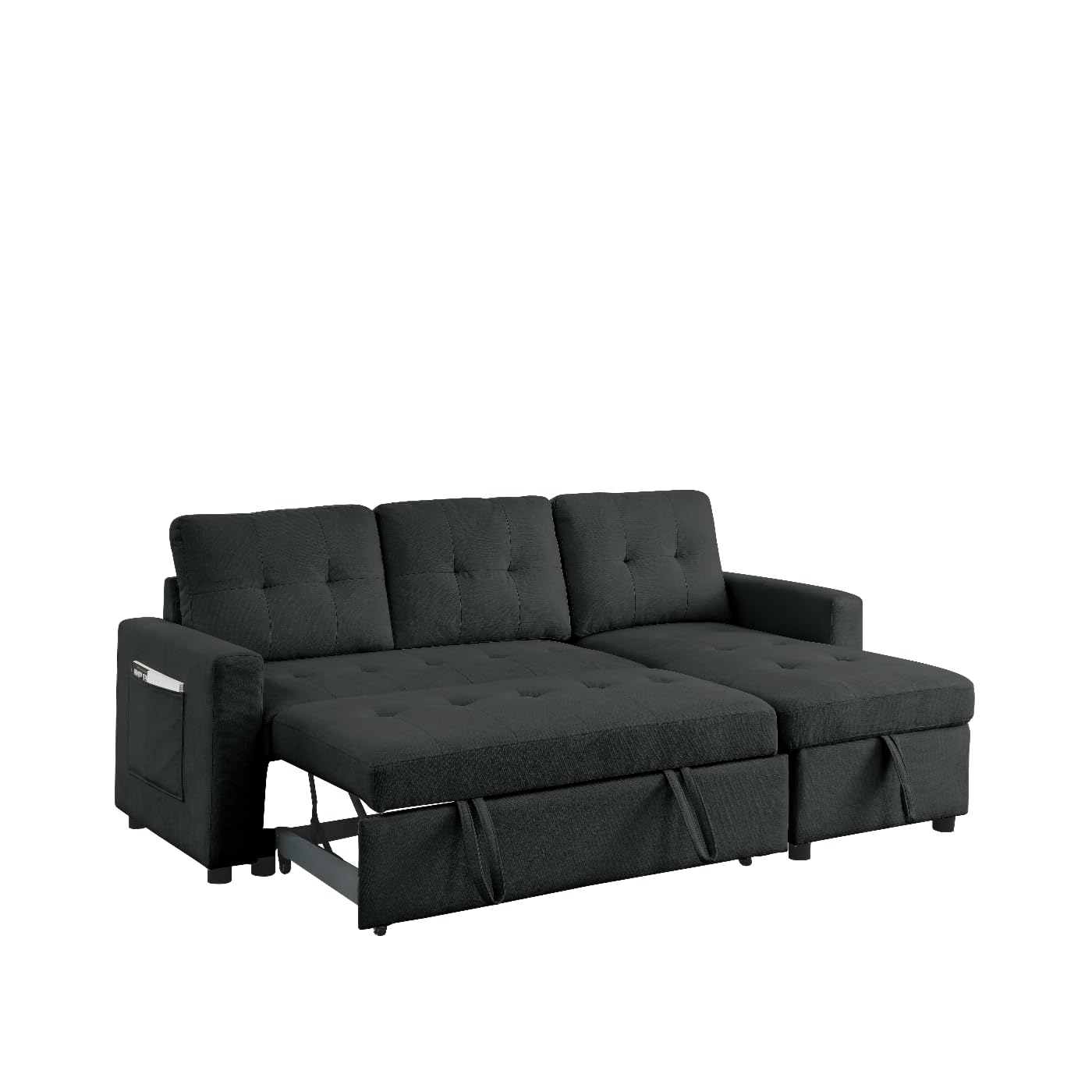 Pull Out Sleeper Sofa Convertible L-Shape Sofa Bed Reversible Sectional Couch with Storage Chaise and Side Storage Bag, Living Room Sofa Set for Living Room (Black)