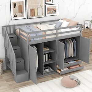 deyobed twin size loft bed with 2 wardrobes and stairs, solid wood multi-functional loft bed frame with 2 storage drawers and 3 shelves for kids boys girls bedroom, no box spring needed, gray