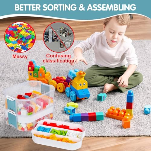 Storage Organizer for Lego Plastic Kids Toy Container Box Stackable Building Block Playroom Organization Bin with Bricks Baseplate Lid 3 Layers Adjustable Compartments Portable Chest Case