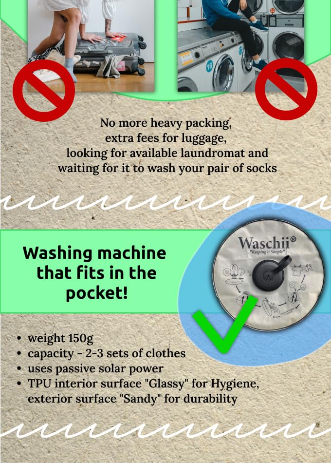 Waschii Portable Travel Laundry Bag - Solar Heated, Eco-Friendly, Compact and Durable Laundry Solution for Camping, Hiking, and Travel