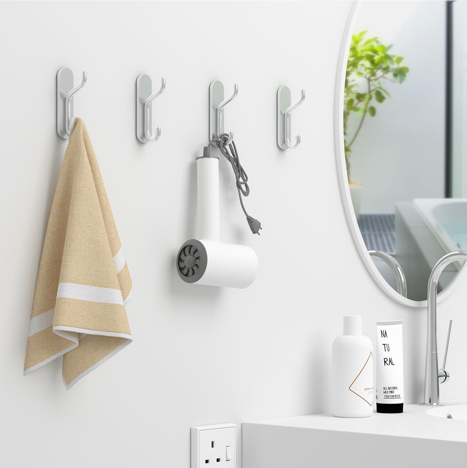 Adhesive Bathroom Towel Hook Wall: Heavy Duty Stick On Jacket Coat Wall Hanging Hooks for Shower 4 PCS Silver