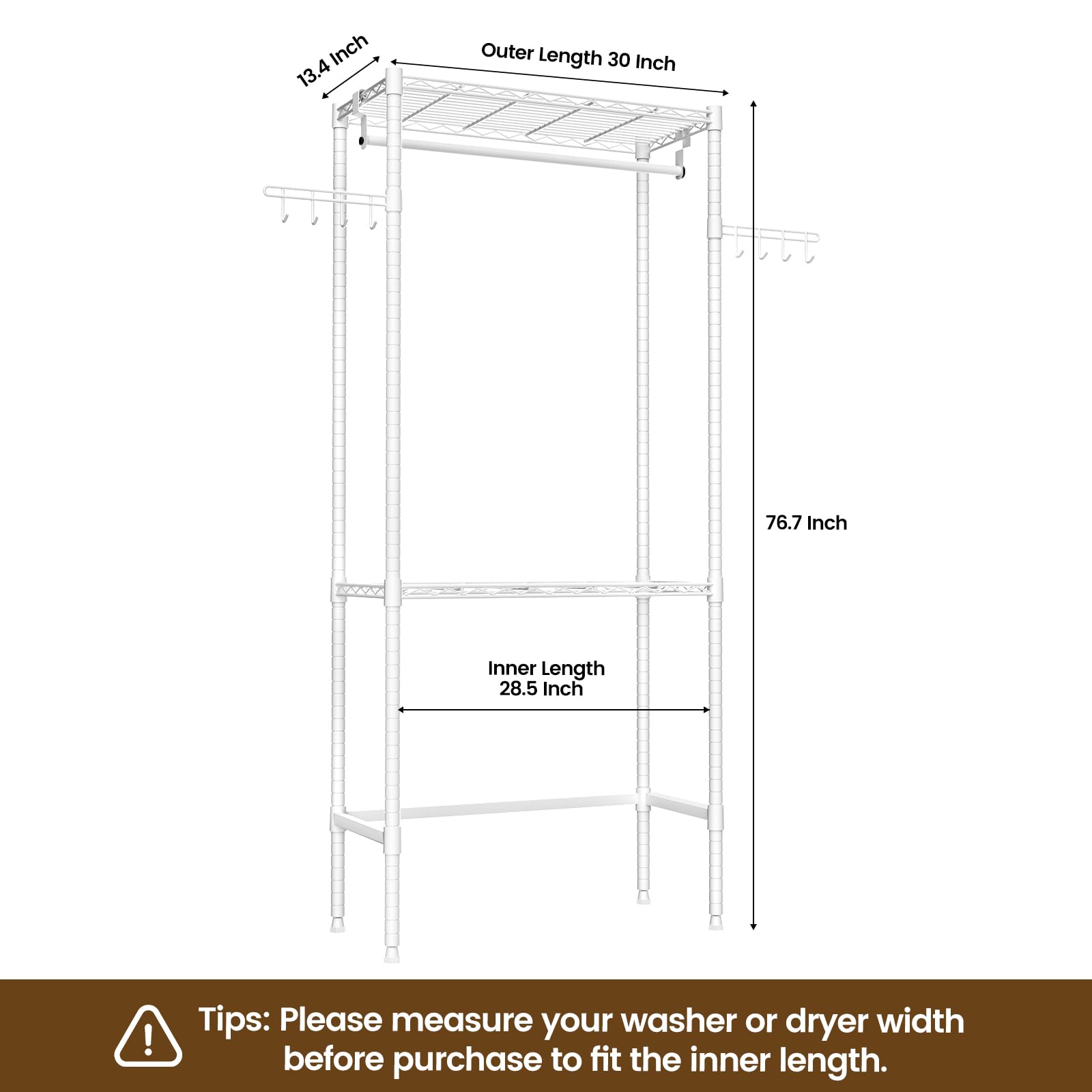 Memobarco Over Washer and Dryer Shelves, 2 Tiers Metal Clothes Drying Rack, Laundry Room Bathroom Organization, Space Saving Freestanding Closet Organizer Storage with Wire Shelves Side Hooks, White