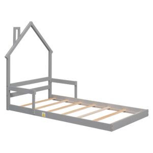 Floor Bed for Kids, Twin Size Montessori Bed with House Shape Headboard, Wood House Bed with Slats for Boys Girls, Low Platform Bed, No Box Spring Needed, Gray