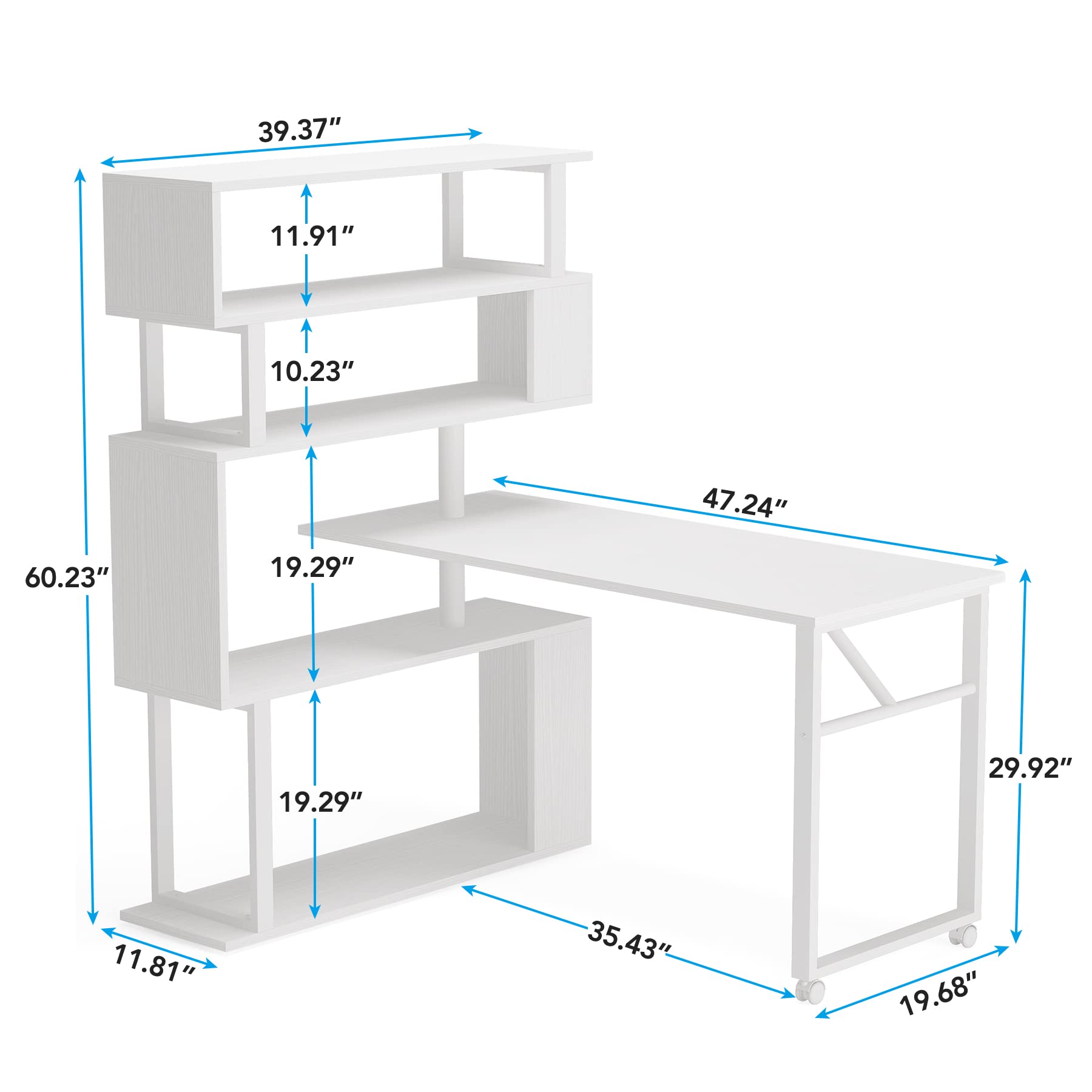 LITTLE TREE White Rotating Desk with Bookshelf, L-Shaped Computer Desk with Shelves, Reversible Writing Desk and Bookcase Combo with Storage for Home Office