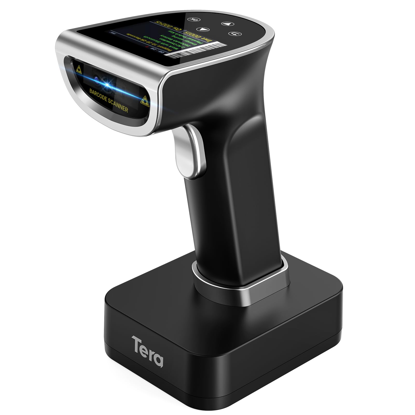 Tera Barcode Scanner Wireless with Screen: Pro Version 1D 2D QR with Digital Setting Keypad Power Switch Charging Cradle Works with Bluetooth 2.4G Wireless Bar Code Reader HW0015 Silver