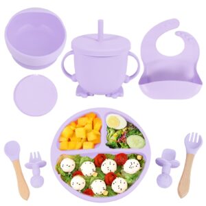 silicone baby feeding set, baby led weaning supplies with suction bowl divided plate, self feeding spoons forks sippy cup adjustable bib, eating utensils for 6+ months (grey purple)