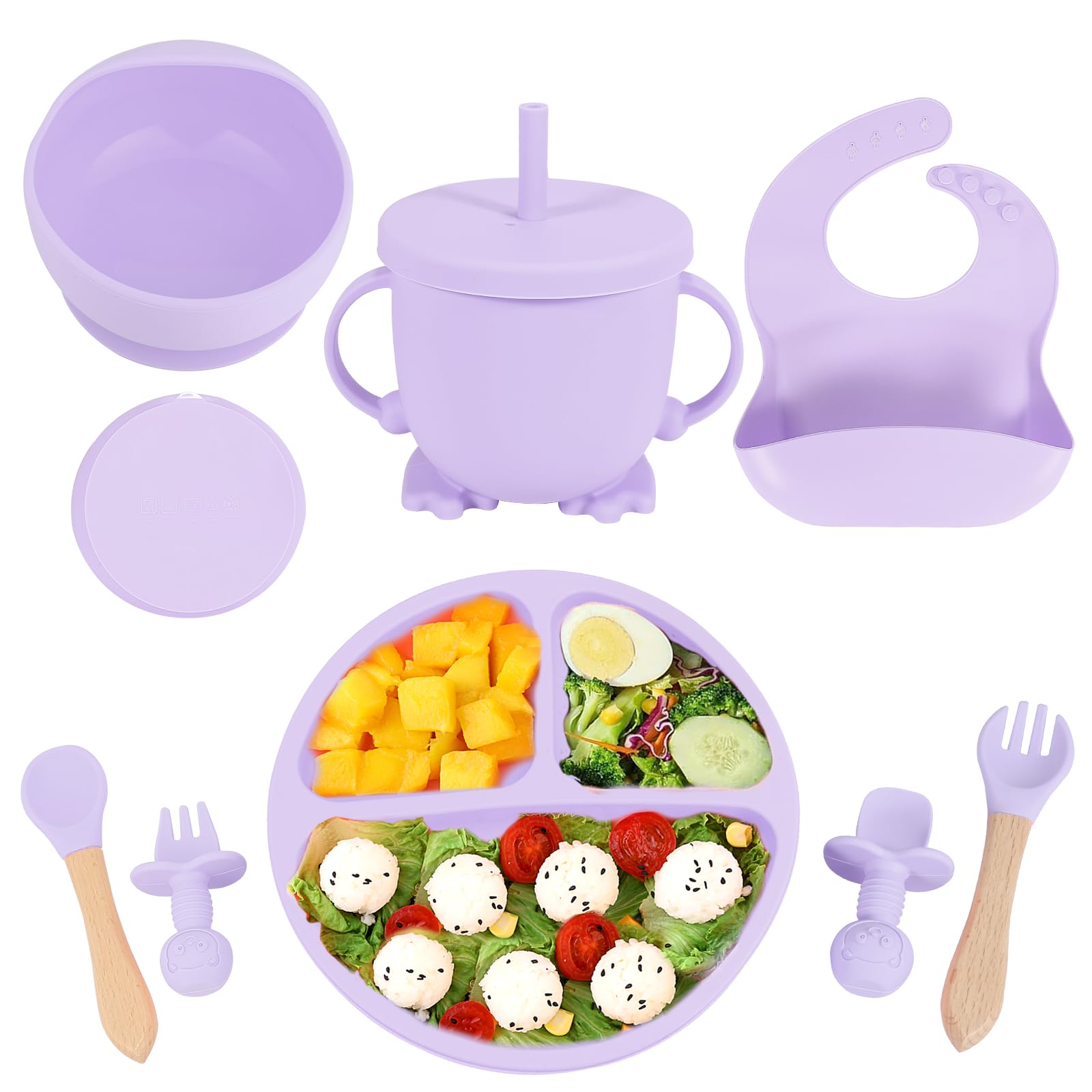 Silicone Baby Feeding Set, Baby Led Weaning Supplies with Suction Bowl Divided Plate, Self Feeding Spoons Forks Sippy Cup Adjustable Bib, Eating Utensils for 6+ Months (Grey Purple)