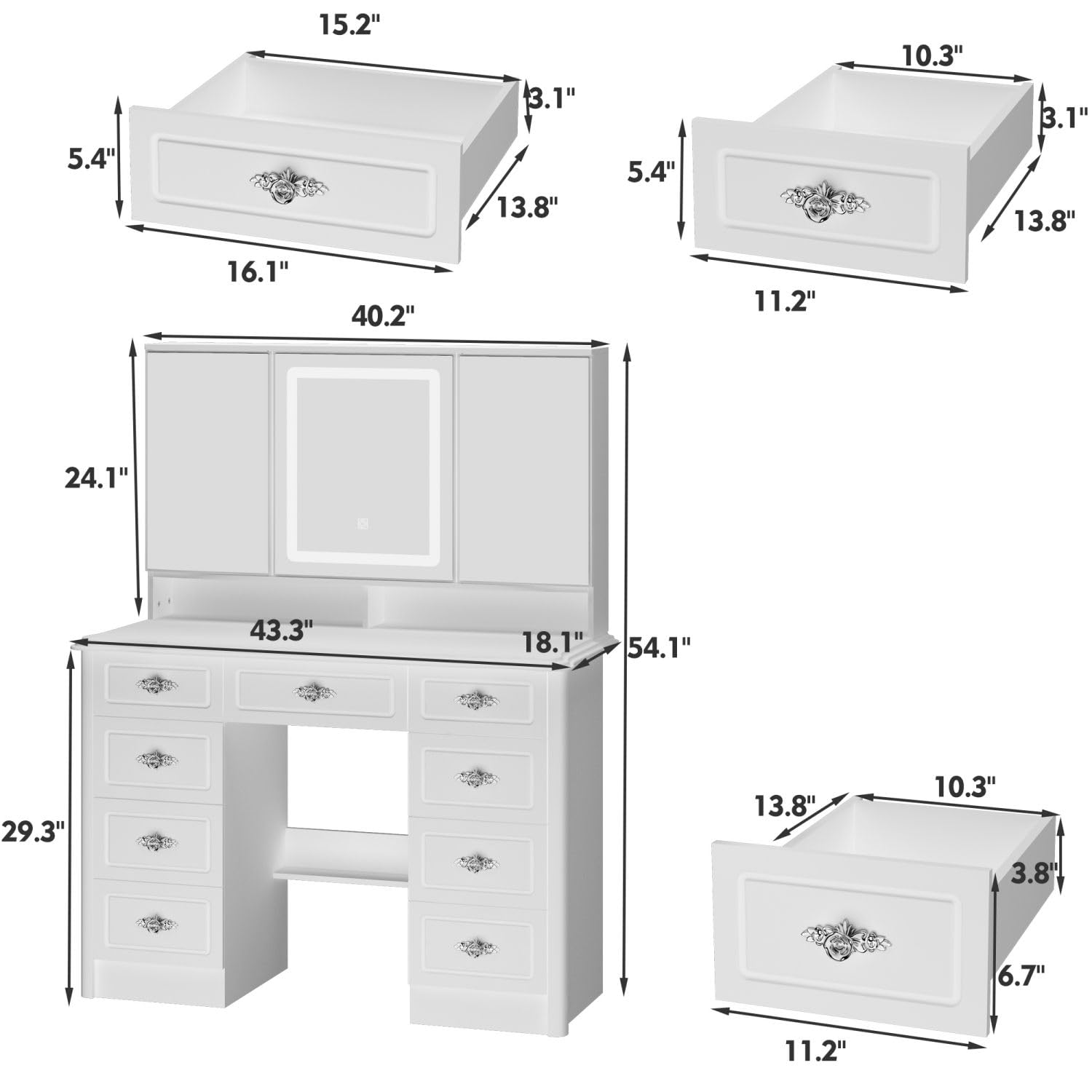 MOUMON Large Vanity Desk with Open Mirror and Lights, Makeup Desk with Drawers and Shelves, Rose-Shaped Crystal Handles, Cushion Stool not Included, White (43.3”W x 18.1”D x 54.1”H)