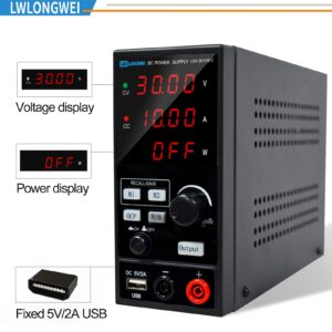 LWLONGWEI DC Power Supply Variable,30V 10A 300W Programmable Memory Function Adjustable Switching Regulated DC Bench Power Supply with 4-Digits LED Power Display 5V/2A USB Coarse and Fine Adjustmentsy