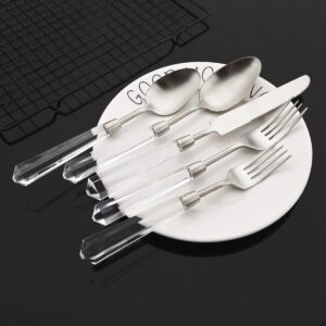 JASHII 5pcs Silver 304 Stainless Steel Flatware Cutlery Set with Transparent Acrylic Handle Diamond Shape, Matte Knife Fork Spoon Set, Dishwasher Safe for Home Wedding Hotel