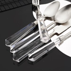 JASHII 5pcs Silver 304 Stainless Steel Flatware Cutlery Set with Transparent Acrylic Handle Diamond Shape, Matte Knife Fork Spoon Set, Dishwasher Safe for Home Wedding Hotel