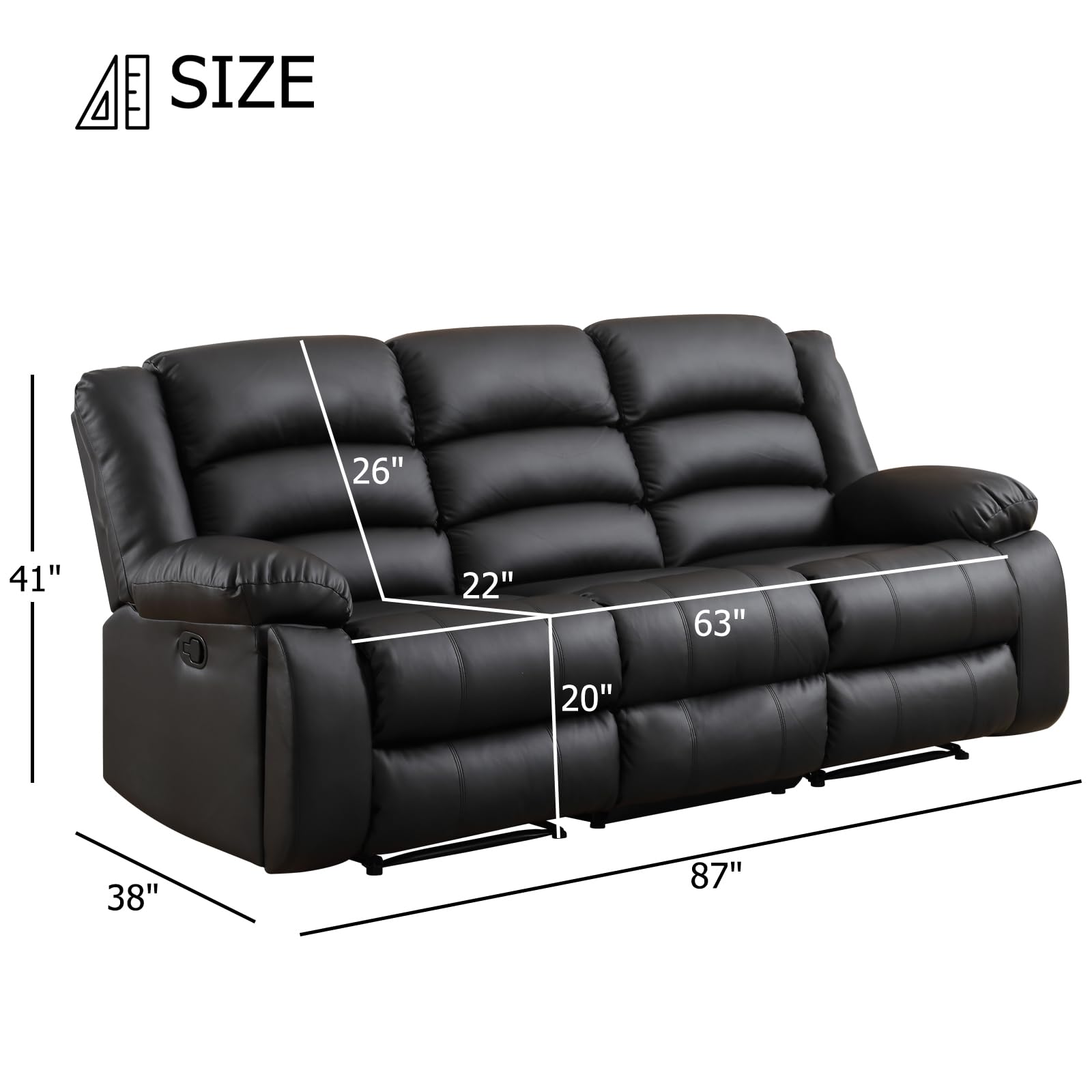 EBELLO Faux Leather Manual Reclining Sofa with 2 Concealed Cup Holders,Overstuffed Armrest 3 Seat Recliner Sofa, Couch for Living Room, Bedroom, Meeting Room, Black, Sofa