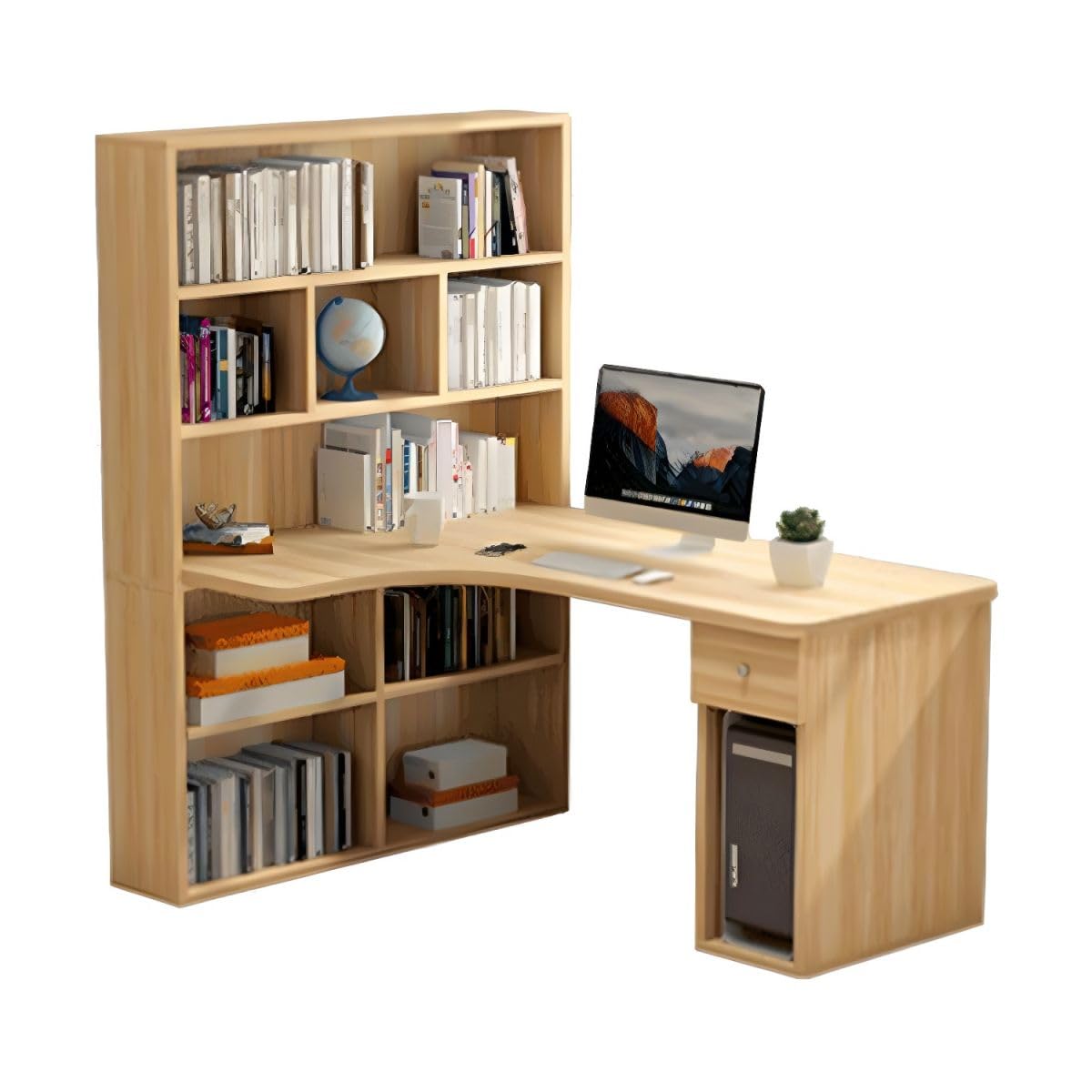 LAKIQ Modern L-Shaped Corner Desk with Bookshelf Engineered Wood Home Writing Desk with Hutch Rectangular Home Office Computer Desk with Storage Shelves(Light Walnut, 47.2" L x 23.6" W x 63" H)