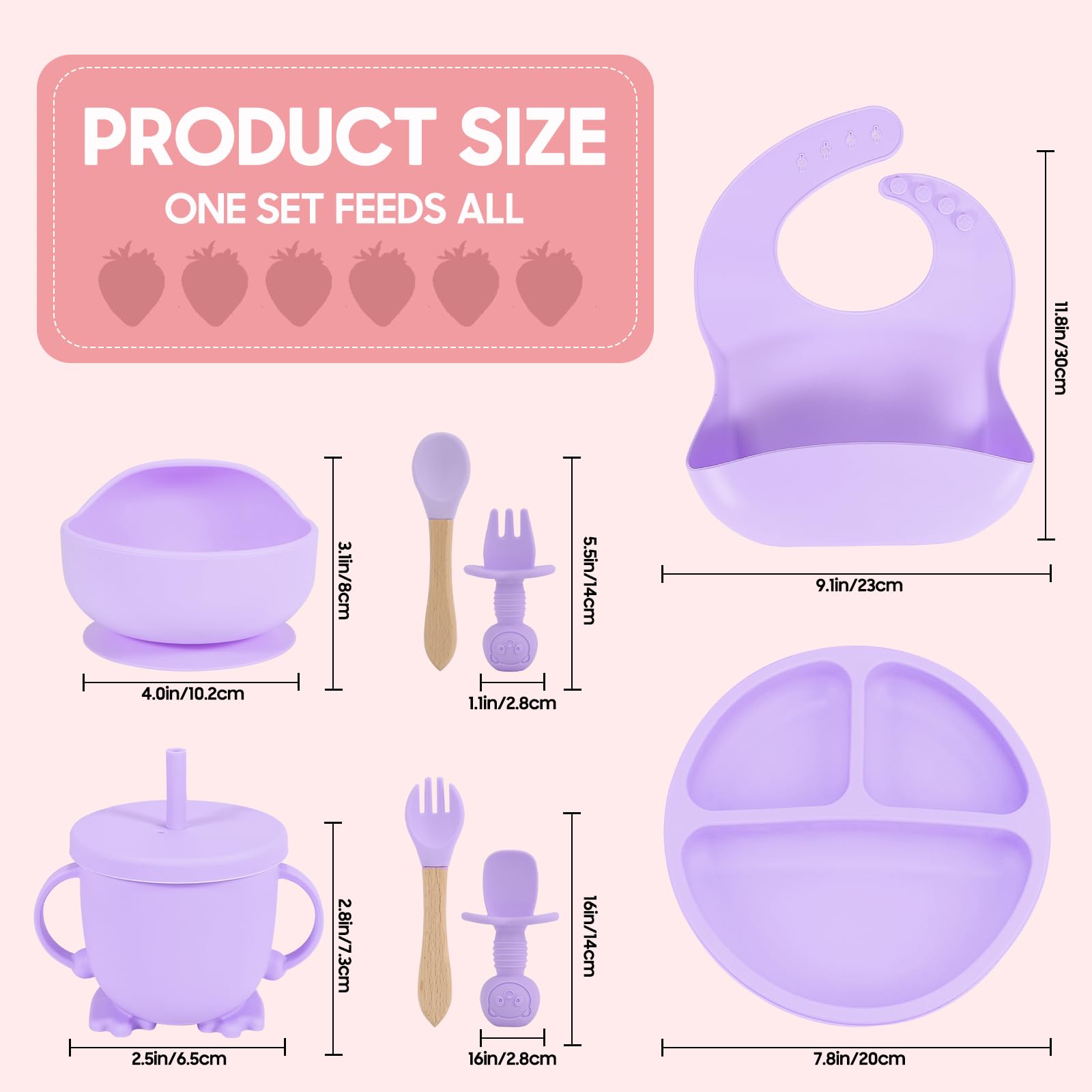 Silicone Baby Feeding Set, Baby Led Weaning Supplies with Suction Bowl Divided Plate, Self Feeding Spoons Forks Sippy Cup Adjustable Bib, Eating Utensils for 6+ Months (Grey Purple)