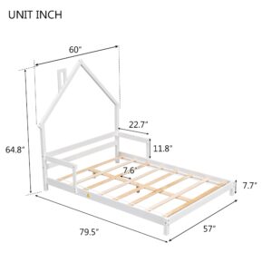 Floor Bed for Kids, Full Size Montessori Bed with House Shape Headboard, Wood House Bed with Slats for Boys Girls, Low Platform Bed, No Box Spring Needed, White