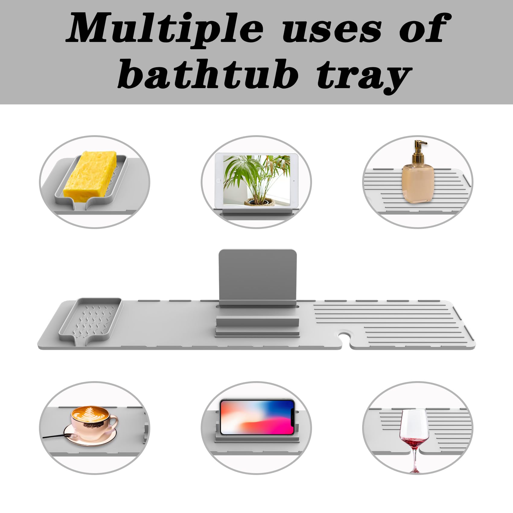 Bath Shelf Over Tub, Silicone Bathtub Tray Caddy, 35.4 * 6.5 Inches Bathtub Table Tray for Adults, Bath Board with Book Stand and Soap Tray