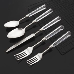 JASHII 5pcs Silver 304 Stainless Steel Flatware Cutlery Set with Transparent Acrylic Handle Diamond Shape, Matte Knife Fork Spoon Set, Dishwasher Safe for Home Wedding Hotel