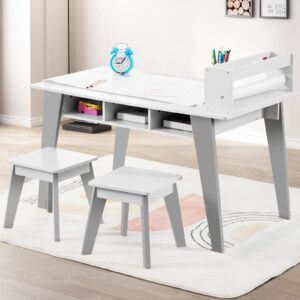 kids art table, 2-in-1 kids craft table and art table and chairs set with 2 stools and 3 storage drawers, wooden drawing and painting art easel set, kids toddler activity table (white)