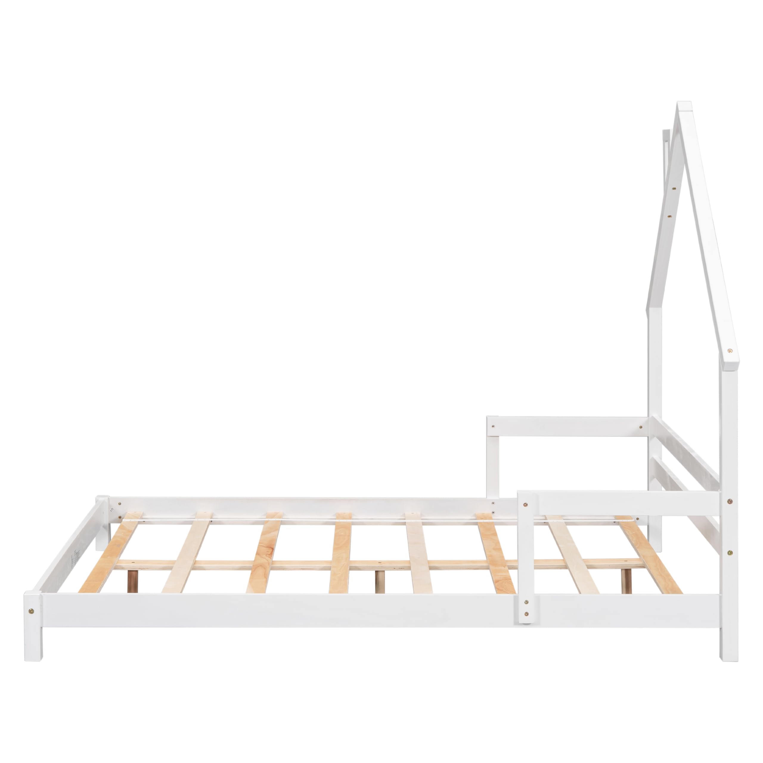 Floor Bed for Kids, Full Size Montessori Bed with House Shape Headboard, Wood House Bed with Slats for Boys Girls, Low Platform Bed, No Box Spring Needed, White