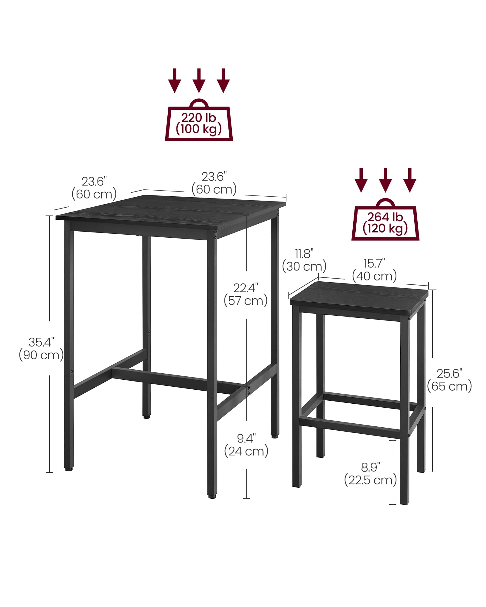 VASAGLE Bar Table and Chairs Set, Square Bar Table with 2 Bar Stools, Dining Pub Bar Table Set for 2, Space Saving for Kitchen Breakfast, Living Room, Party Room, Ebony Black and Ink Black