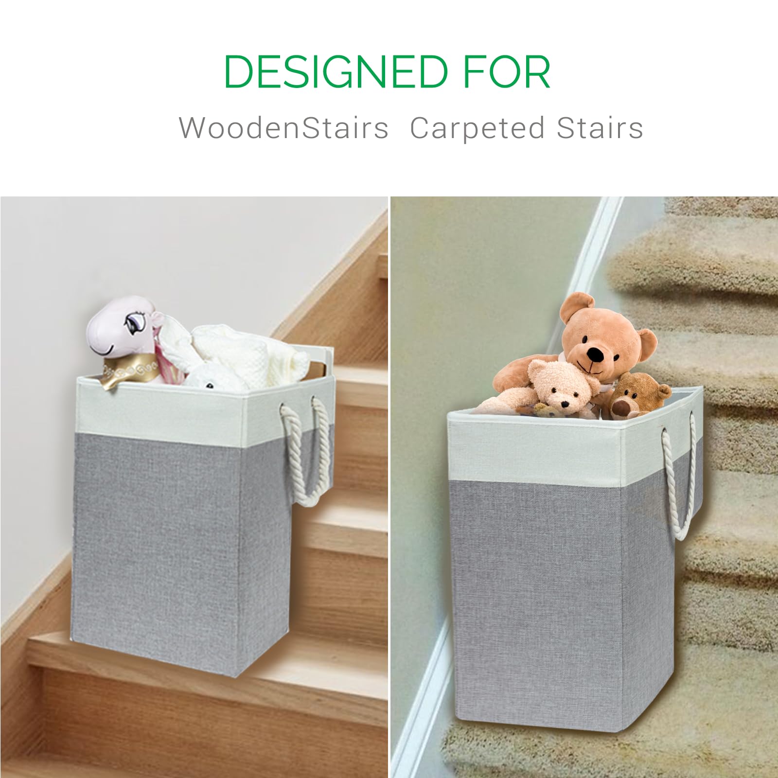 LifeBeWise Stair Basket for Wooden & Carpeted Stairs - 16" x 16" x 10" Foldable Staircase Baskets with Handles, Stair Step Storage Organizer