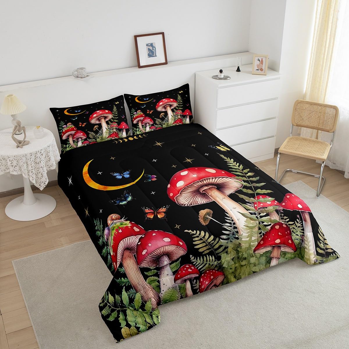 Erosebridal Twin Comforter Set for Girls Boys Kids Black Mushroom Bedding Set Kawaii Room Decor,Wild Fungus Plants Nature Comforter Set Star Moon Starry Sky Butterfly Bed Set 2Pcs