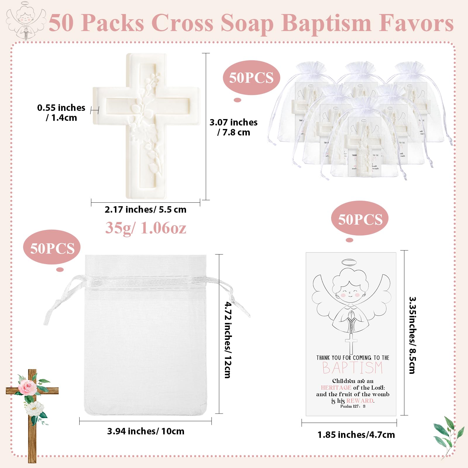 Swiffen 50 Sets Baby Shower Baptism Favors Set Cross Soap with Greeting Cards Organza Bag Scented Soap Favors Christening Communion Baptism Party Favors for Guests Party Gender Reveal Gift